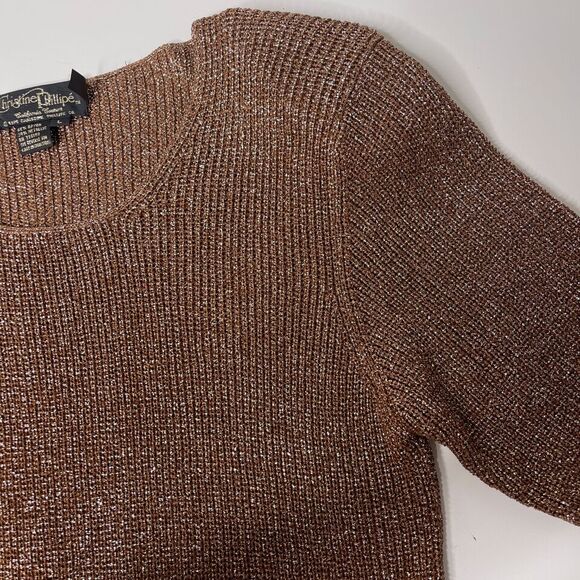 Vintage 90s Christine Phillipe Rose Gold Metallic Knit Short Sleeve Sweater - Picture 3 of 6
